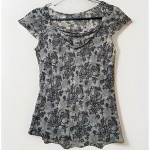 Ann Taylor Gray Black Floral Cowl Neck Top Womens 4 Lined Short Sleeve Blouse